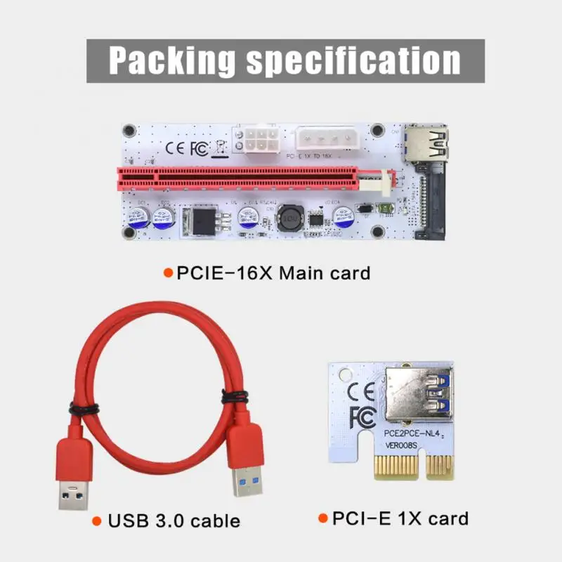

PCI-E Riser Card VER008S 008s PCI Express USB3.0 1X 16X Extender 4Pin SATA 6PIN Mining Card Adapter For Bitcoin BTC Motherboard