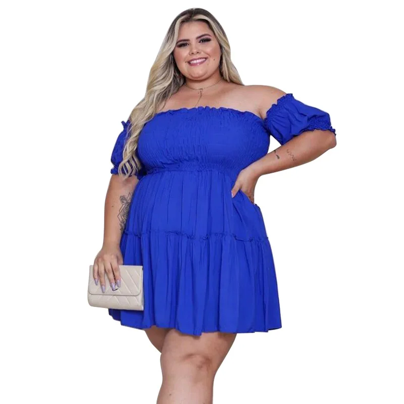 

Zoctuo Plus Size L-4XL Slash Neck Above Knee Dress Pleated Short Sleeve Mini Dress Solid Patchwork New Style Dresses