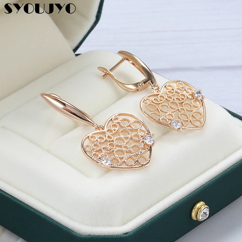 SYOUJYO 585 Rose Gold Hollow Lovely Heart Dangle Earrings for Women Sweet Peach Heart Natural Zircon Bride Wedding Earrings