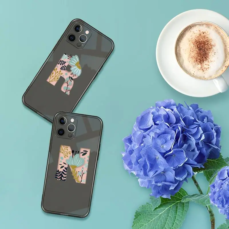 

Custom 26 letter flower Phone Case For iPhone 12 11 8 7 se 2020 pro X XS XR MAX Plus Black Transparent Cover