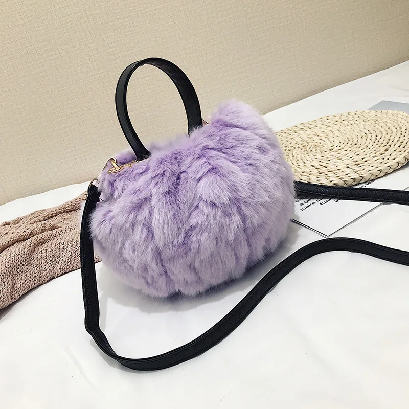 Purple Женская мини-сумка, роскошная кожаная мягкая пушистая теплая сумка из искусственного меха, Женская милая сумка-мессенджер на плечо, сумки для шоппинга, Осень-зима - Цвет: Purple