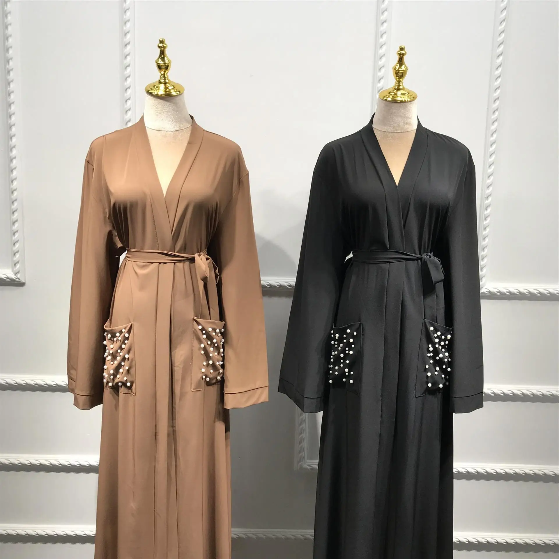 Женское длинное платье с открытым кардиган абайя платье-халат жемчугом Осеннее