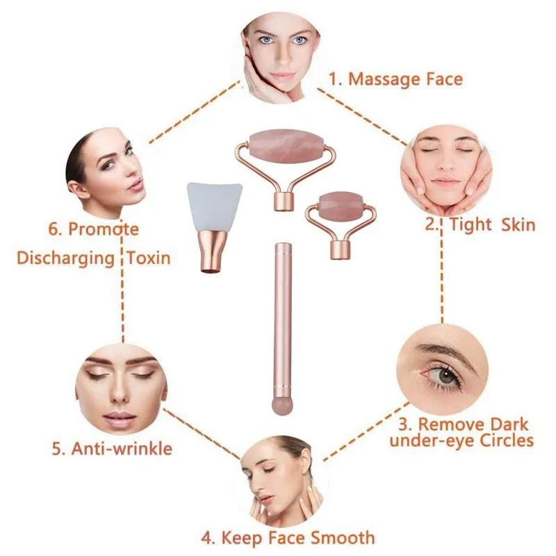 

Natural Rose Quartz Jade Roller Set Real Jade Scraper Board Tool Massage Roller Face Gua Massager Massager Sha Jade W2N0