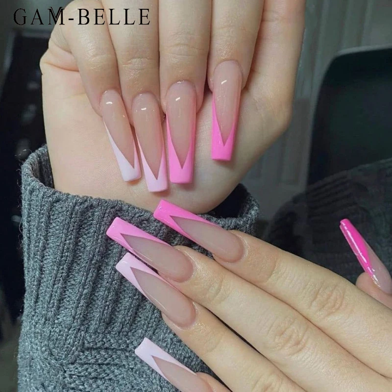 

GAM-BELLE 24 шт Французский розовый супер длинные поддельные ногти гроб глянцевый съемный искусственный пресс на украшения для маникюра ногтей ...
