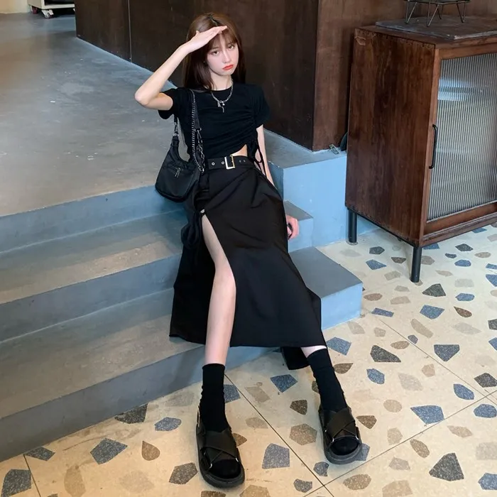 

Summer Black Two Piece Set Women Short Sleeve Shirring Short Tops and High Waist Deep-split Sexy Long Skirt 2 Piece Outfits