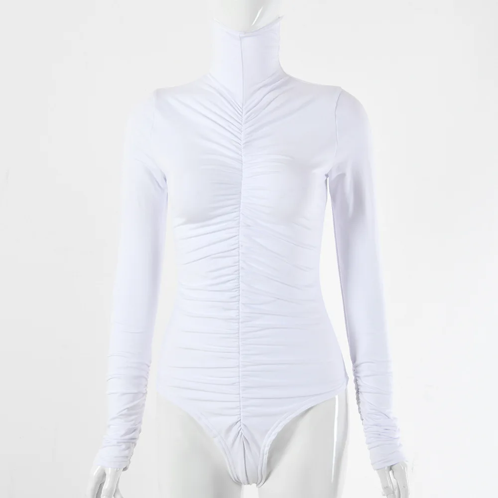 

Ins long sleeve one piece new women's wear sexy pleated versatile tight high collar top