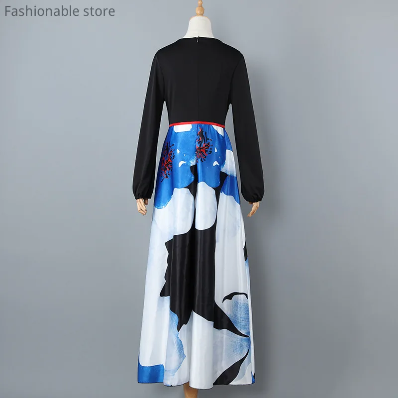 

Vintage Patchwork Plus Size Long Dress Sexy Deep V Neck Party Dress Fashion Long Sleeve Floral Print Maxi Dress