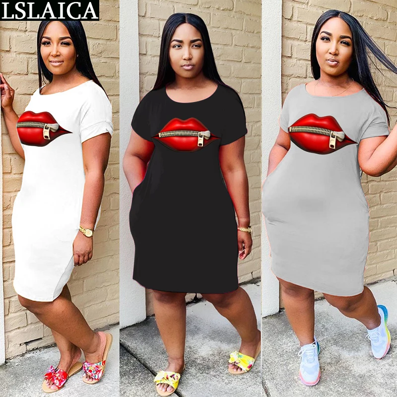 Женское однотонное платье с принтом губ и круглым вырезом | Женская одежда