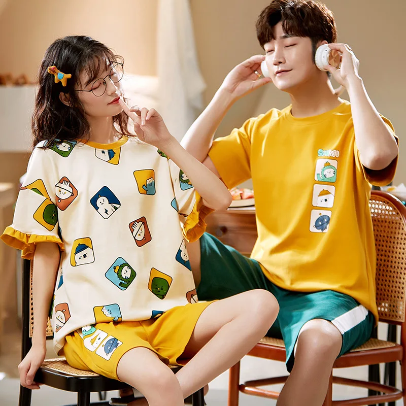 

2021 пижамный комплект для пары, летняя Хлопковая женская Милая желтая Домашняя одежда с короткими рукавами и оборками из мультфильма, Мужска...