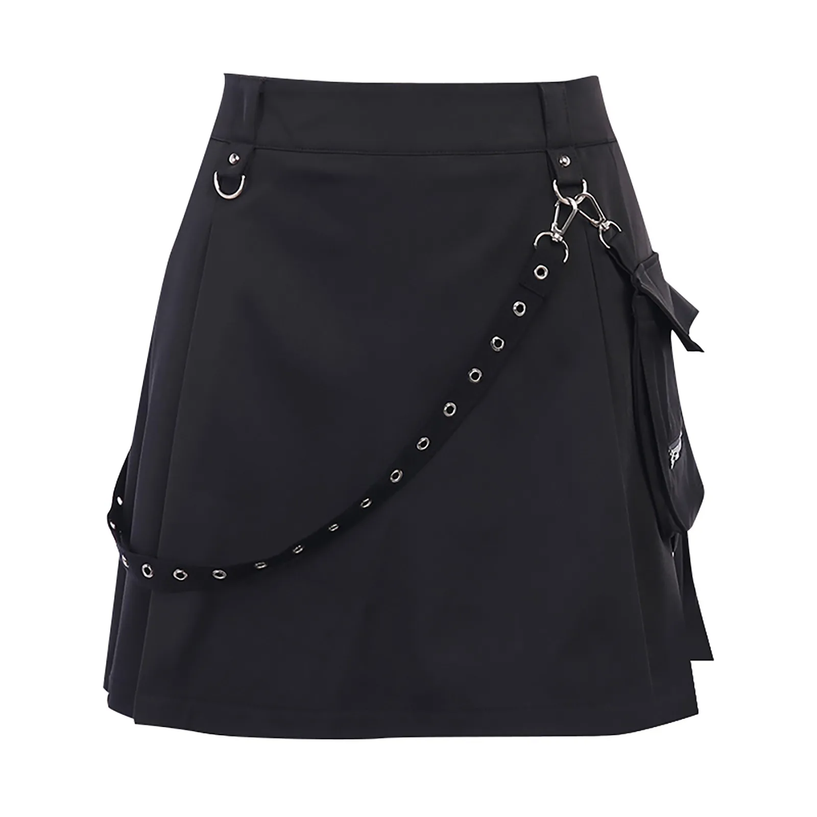 

Women High Waist Gothic Punk Stree Style Belt Irregular Pleated A-line Skirt Pleated Metal Ring Skirt Sexy Hollow Casual Skirt