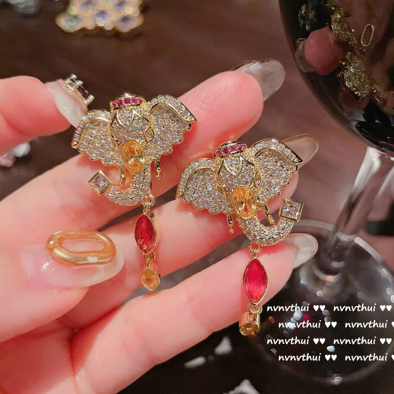 

2022 Fashion Design Elephant Drop Earrings Color Zircon Crystal Inlaid Elegant Dangler for Female Retro Bohemia Jewelry Gifts