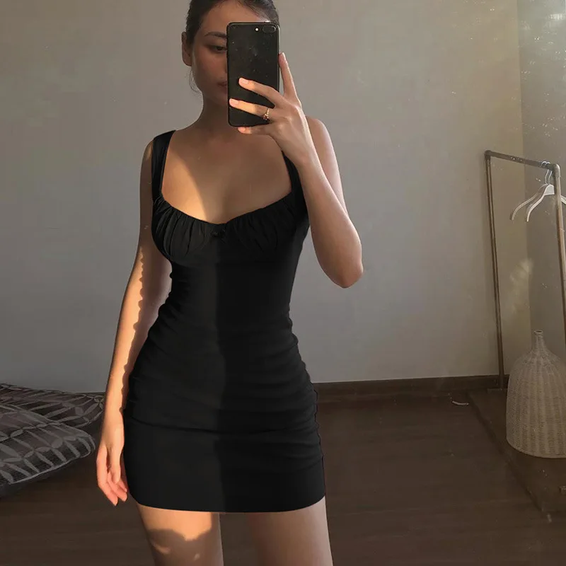 

2021 Summer Women's Sexy Bow Pleated Suspender U-neck Dress