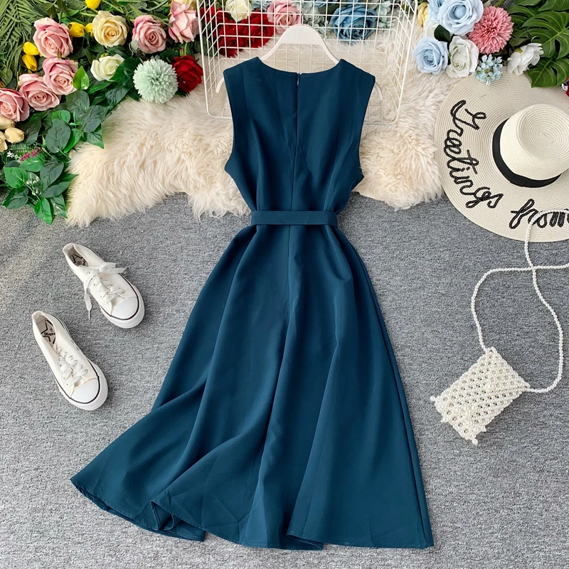 

2021 new Slim V Neck Summer Midi Long Bandage Dress Party Tank Sundress Women Casual Elegant A-Line Tie