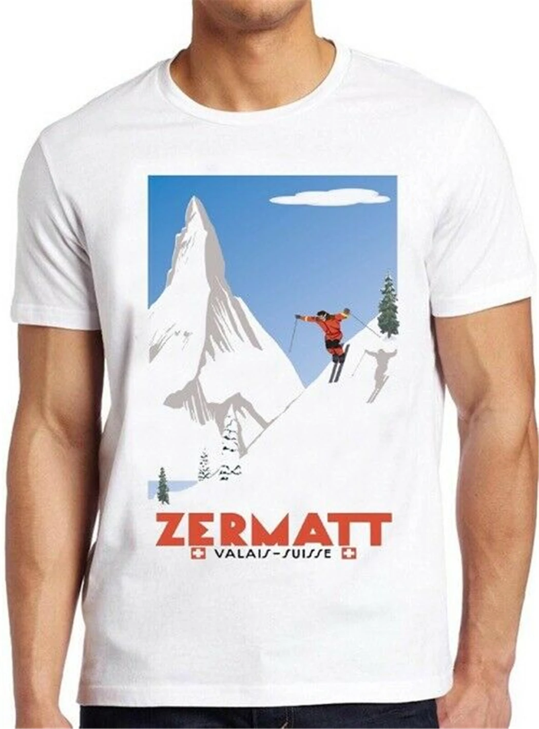 Швейцарские Альпы Лыжная футболка Zermatt Valais Постер &quotШвейцария&quot Винтажная