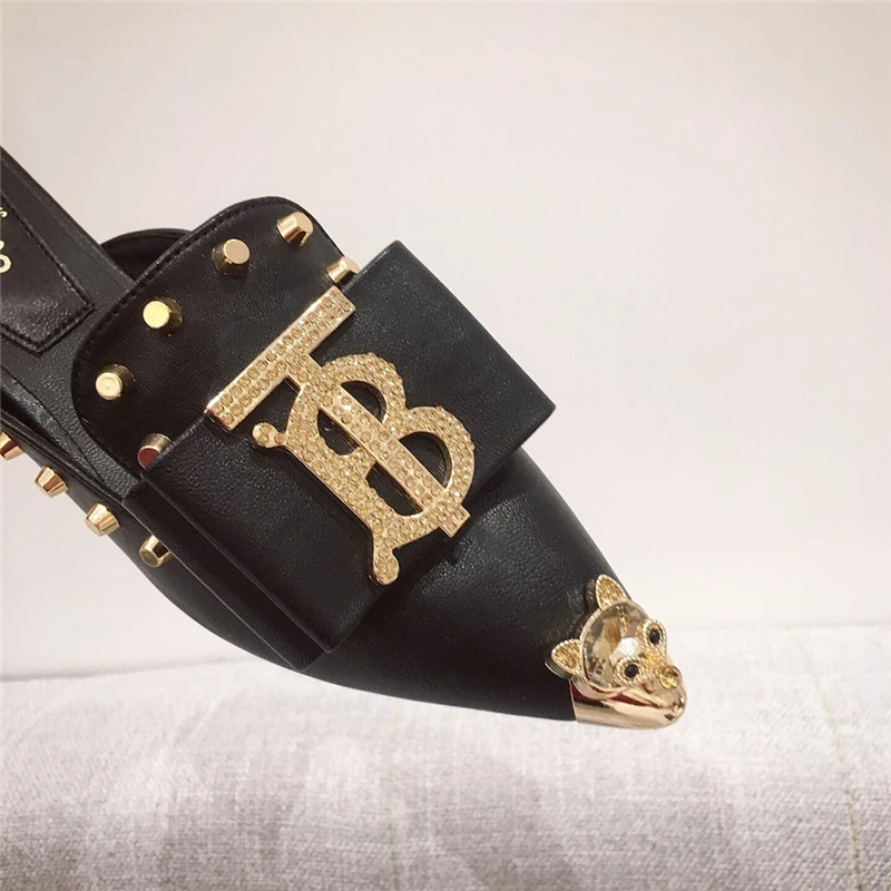 

Slippers For Women Pointed Toe Summer Slides Metal Decor Slip-on Mules Backless Loafers Luxury Low Heel Casual Design Shoes