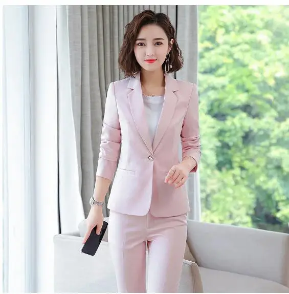 Зима 2019 Официальный розовый женский брючный костюм комплект из двух предметов