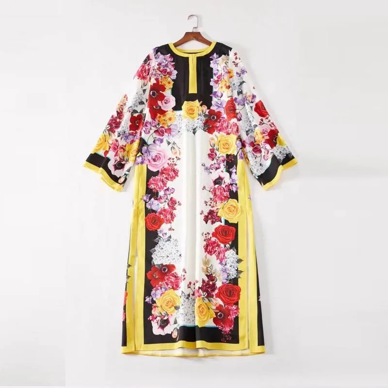 

2021 Bohemian Dress Women Floor Length Batwing Sleeve V-Neck Gold Print High Elastic Silk Elegant New Summer Elastic Silk Floor