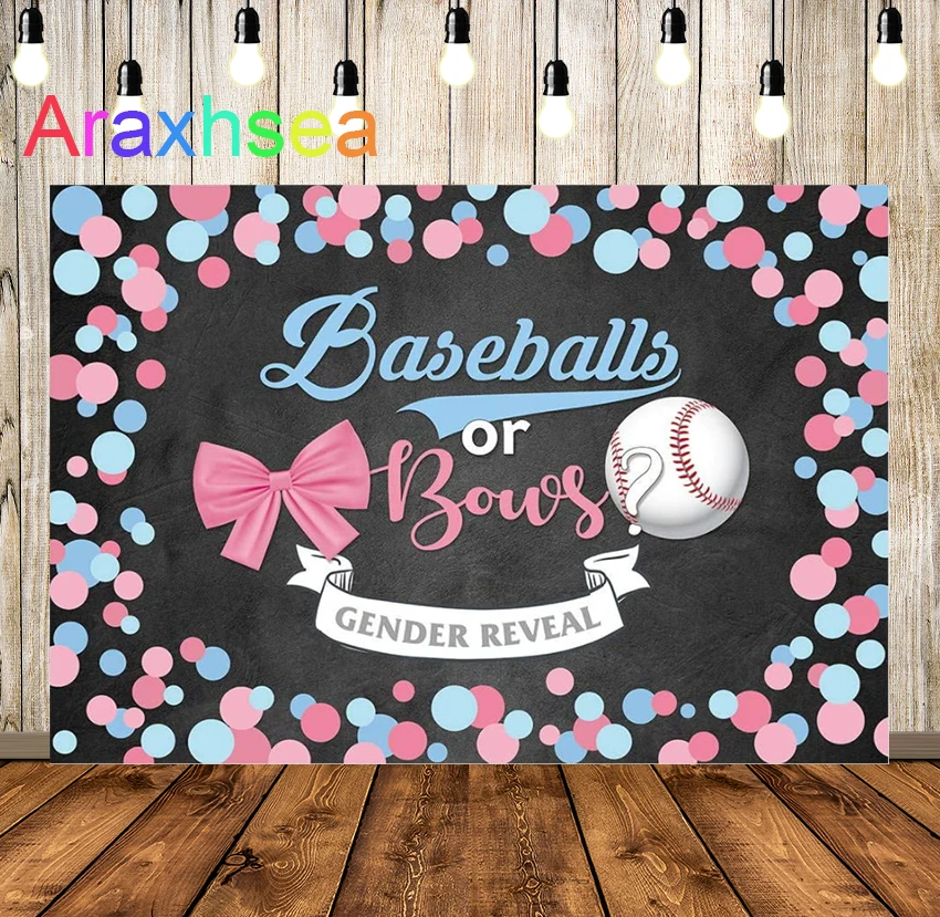 

Baseballs or Bows Gender Reveal Backdrop Boy or Girl Pink or Blue He or She Baby Shower Party Banner Decoration Supplies