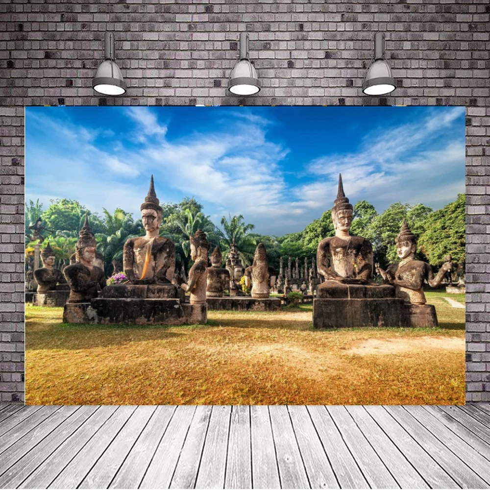 

Фон для фотосъемки голубое небо белые облака Зеленый Лес Дерево Трава таиландский храм Фотофон для праздника