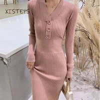 v neck sexy women sweater dresses long midi knitted dress slim fit ladies stretch bottoming bodycon dress black pink green 2021