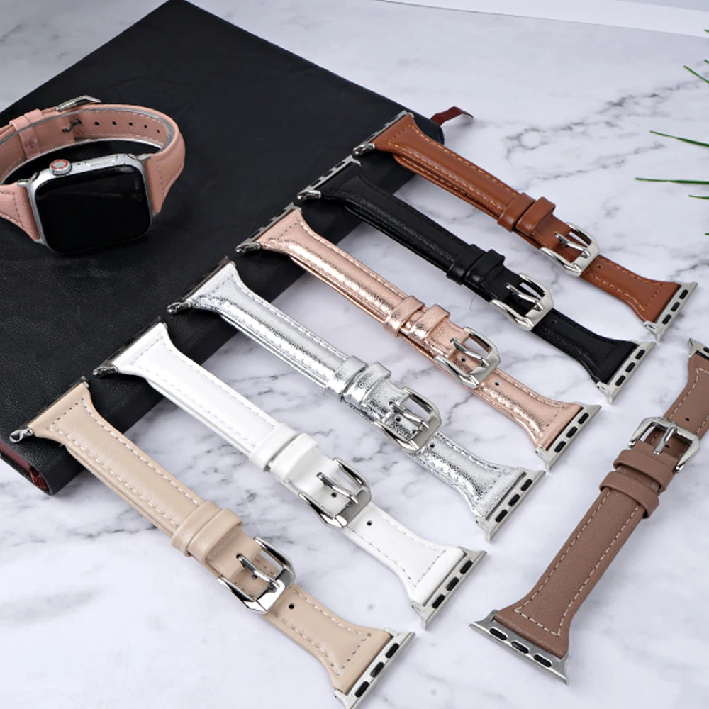 

Slim Leather strap For Apple watch band 45mm 41mm 40mm 44mm 38mm 42mm Genuine Leather bracelet Apple watch series 6 5 4 3 se 7