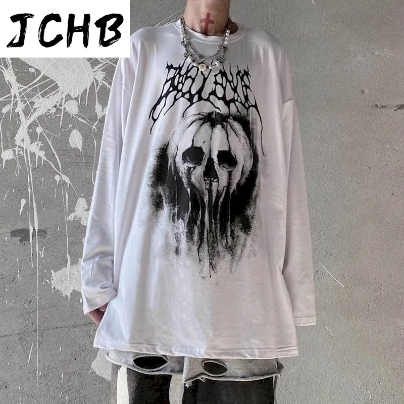 

2021 Long-sleeved T-shirt Tops Women Streetwear Top Goth Harajuku Skull t Shirt Funeral Graffiti Dark High Street Loose Bottomin