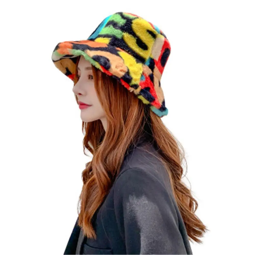 

1PC Autumn Winter Bucket Hat Women Cow Leopard Black Strip Faux Fur Warm Soft Casual Outdoor Sunscreen Fisherman Panama Cap