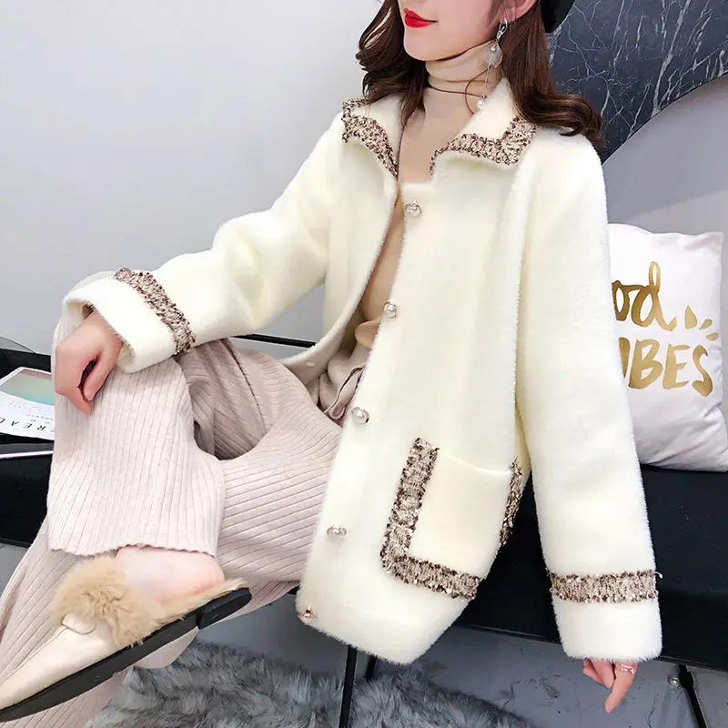 

2021 Winter Coat Women Solid Turn-down Collar Full Sleeve Pockets Mink Fur Sweater Female Warm Casual Clothes