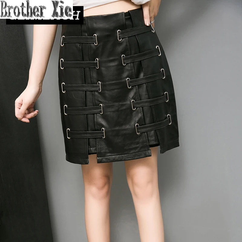 2020 новый дизайн юбка со шнуровкой из натуральной овчины женская черная высокая