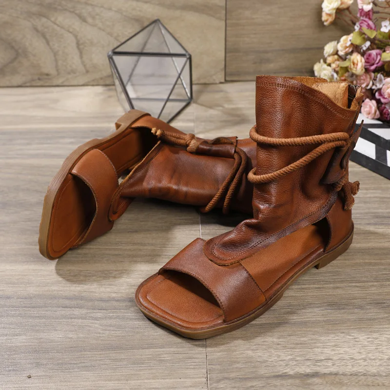 Beli Origional Sandal Wanita Musim Semi Musim Panas Sepatu Sandal High-Top Wanita Lembut Kulit Asli Tali Rami Renda Mulut Ikan Gaya Baru