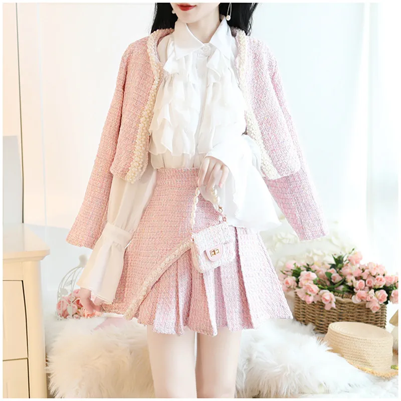 Pink set SWEETXUE твидовый комплект из двух предметов, короткая расшитая бисером куртка+ Асимметричная плиссированная юбка, клетчатый элегантный темперамент, шикарный женский костюм, новинка года - Цвет: Pink set
