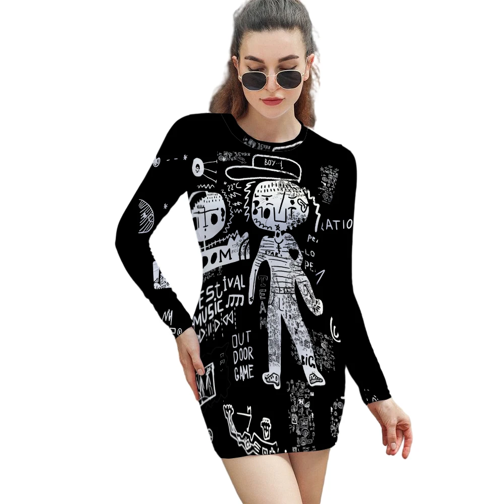 

Women Cartoon Print Slim Dress Long Sleeve 2021 New Fashion Casual bodycon Mini Autumn Sexy O-neck Dresses Women
