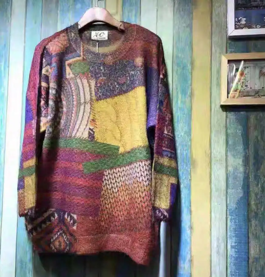 Национальный стиль 2019 осень и зима новый ретро свободный свитер с принтом