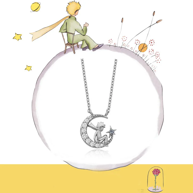Silver Moon Prince Herwish, Маленький принц, ожерелье с подвеской, 925 пробы, серебряное, блестящее, с рисунком циркония, розовое звено, цепочка, ожерелье, Женские Ювелирные изделия - Окраска металла: Silver Moon Prince