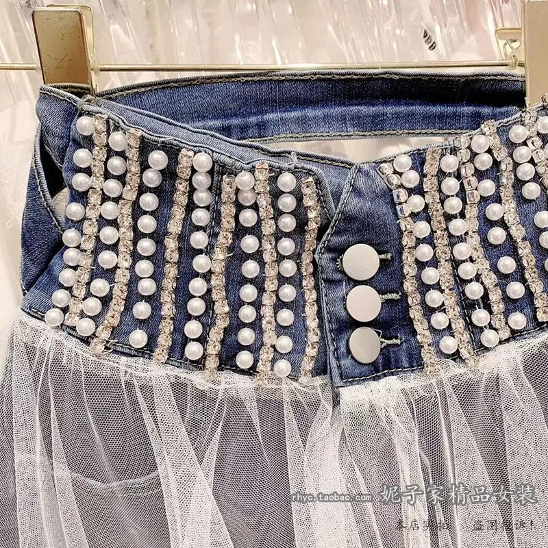 

2021 Summer Beads Rhinestones Fake Two Pieces High Waist Stitching Short Jeans Bubble Skirt Fairy Fashion Women Denim Shorts