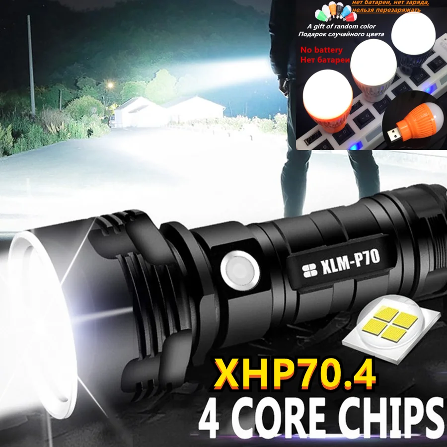 

Светодиодный тактический фонарик XHP70.4 Xhp50, мощный водонепроницаемый Ультраяркий фонарь с аккумулятором 26650, зарядка через USB