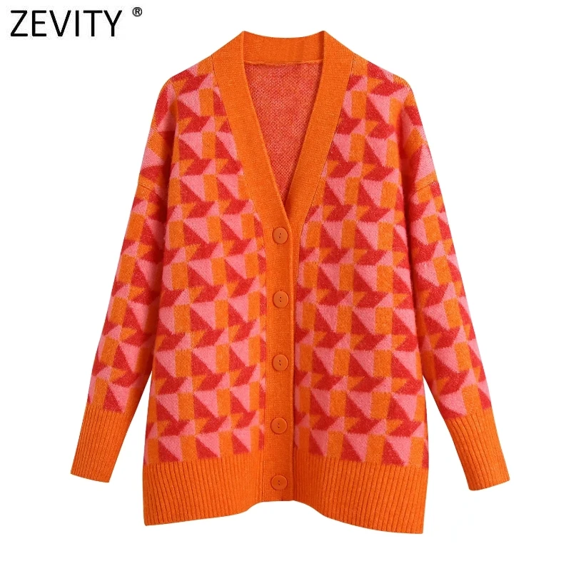 

Zevity Women Vintage V Neck Geometric Print Jacquard Casual Knitting Sweater Female Chic Buttons Cardigans Loose Coat Tops SW961