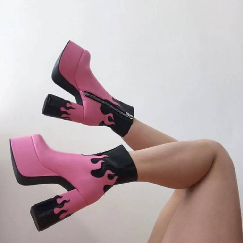 2021 New Arrival Ladies Platform High Heel Ankle Boots Goth Cool Black Print Zipper Winter Autumn Popular Women Shoes Fashion | Обувь
