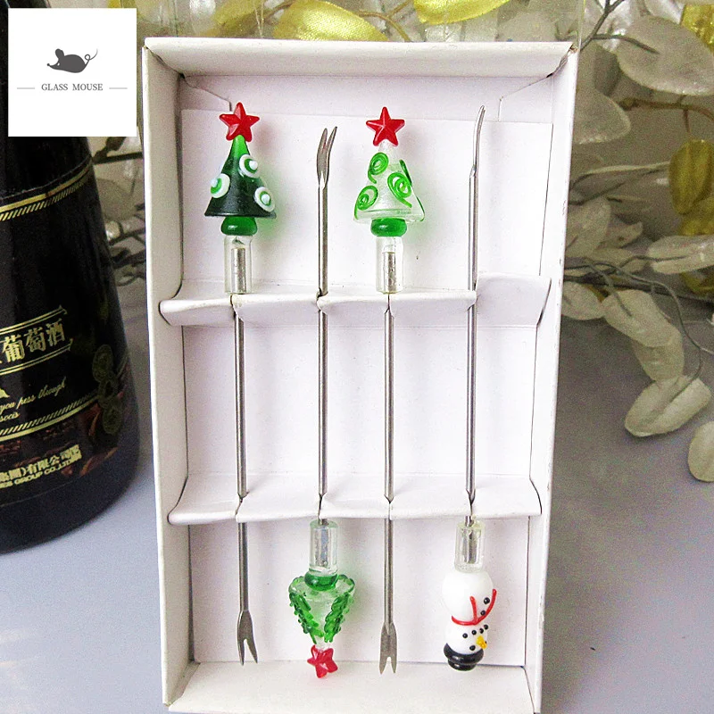 Custom cute handmade murano glass christmas tree fruit fork set miniature tableware stainless steel Cocktail Cake dessert sticks | Дом и сад