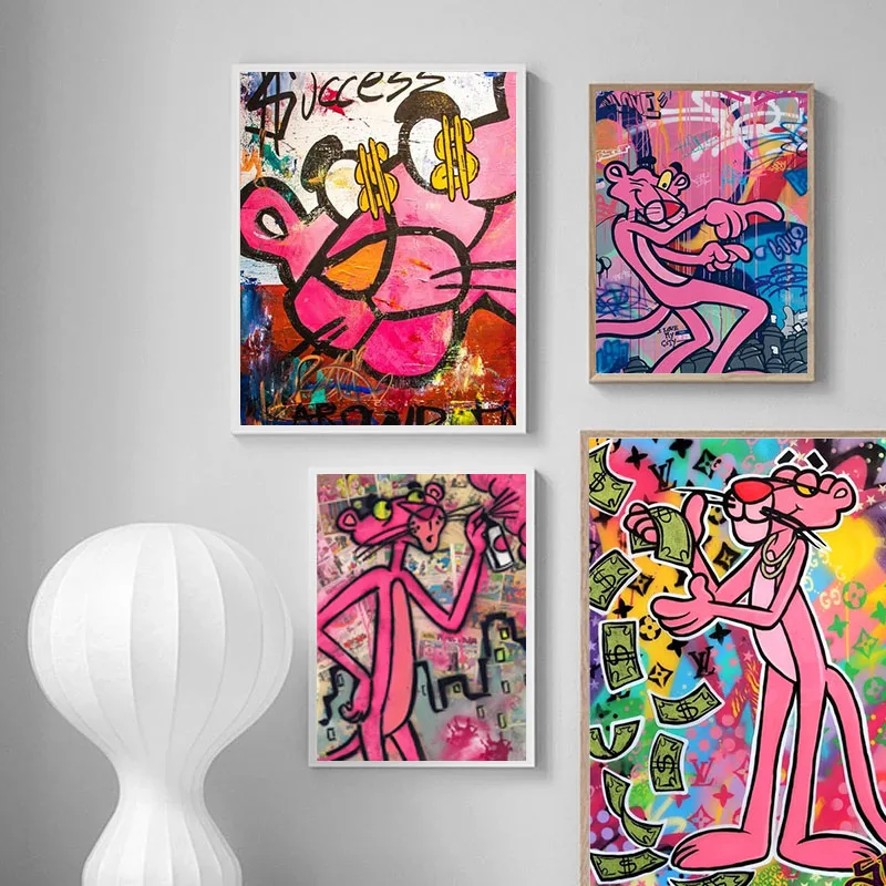 

Graffiti Art Pink Panther Colourful Wall Art Canvas Painting Nordic Posters and Prints Wall Pictures for Living Home Decoration