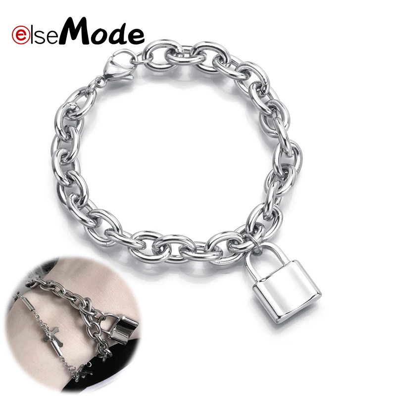 ELSEMODE панк из нержавеющей стали серебряный цветной висячий замок браслет с