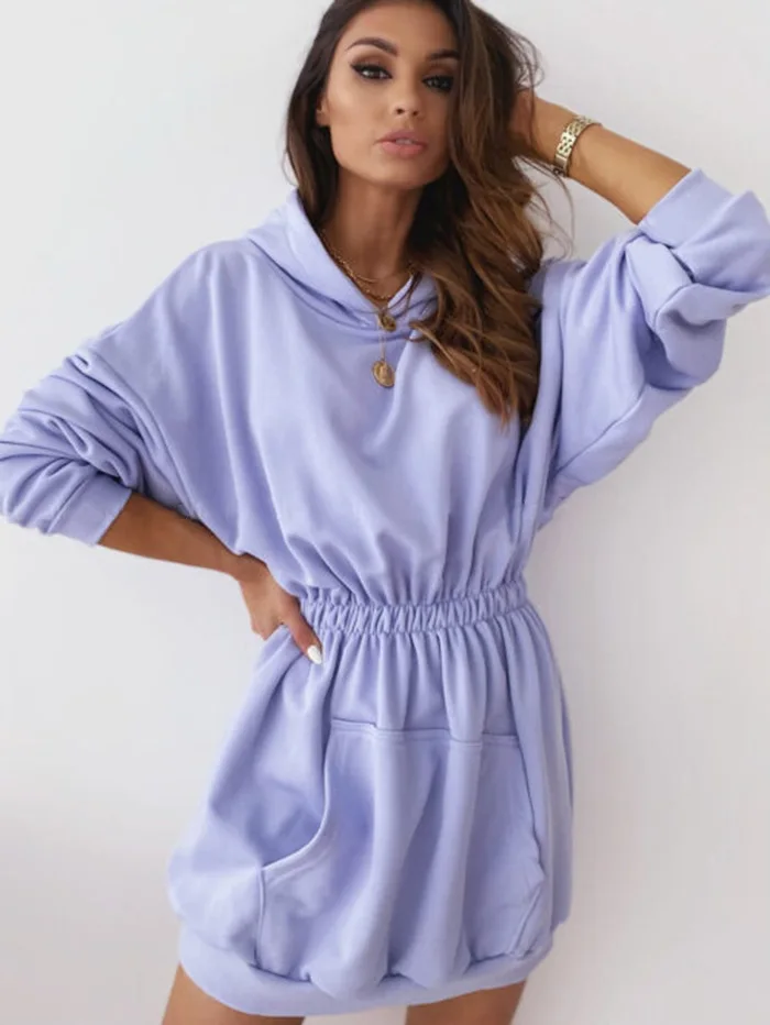 hirigin Autumn Hooded Female Sweatshirts Women Hoodies Dress Long Sleeve Pocket Elastic Waist Hoodie 2020 Streetwear Casual Lady