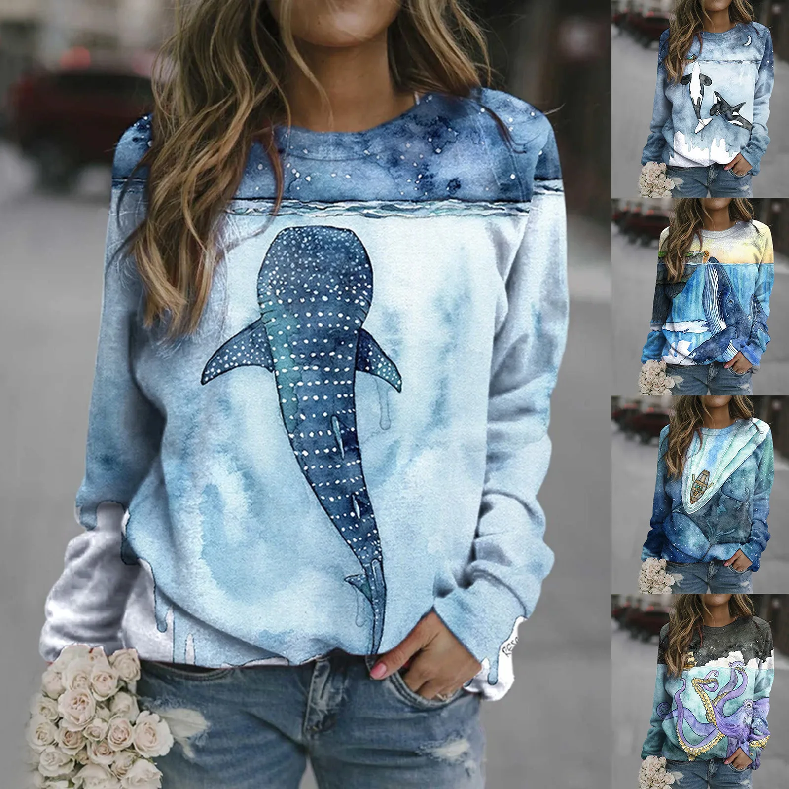 

Women T-shirt Long Sleeve Ocean animal Landscape Print Blouse Tops All-match Girls Daily Casual Knitted Fashion Art Lady T-shirt