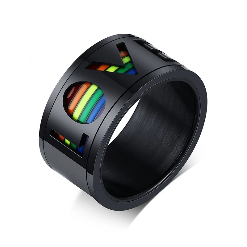 

10pcs Pack Wholesale New LGBT Rainbow Titanium steel Quality Rings Black Silver Color Ring Love is Love Gays Lesbians Couple