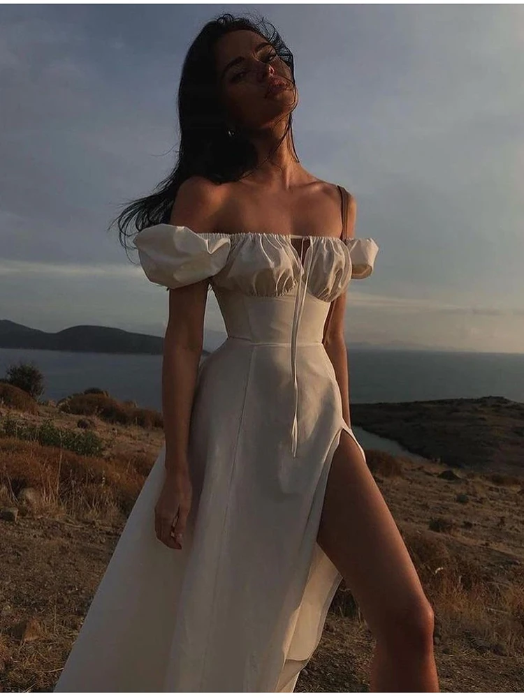 

Women New Asia Puff Sleeve White Dress Off Shoulder Cut out Tie up Side Split Ruched Long Dress robe femme Summer Dress