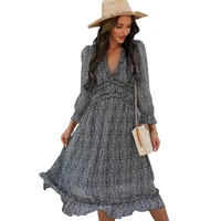 womens new arrivals spring and summer v neck simple printed dress women