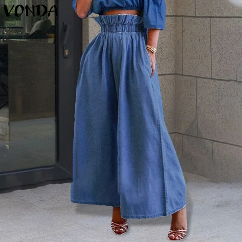 

VONDA Denim Vintage Trousers 2022 Autumn Women Long Pants Wide Leg Palazzo Casual Solid High Waist Pantalon Femme Streetwear