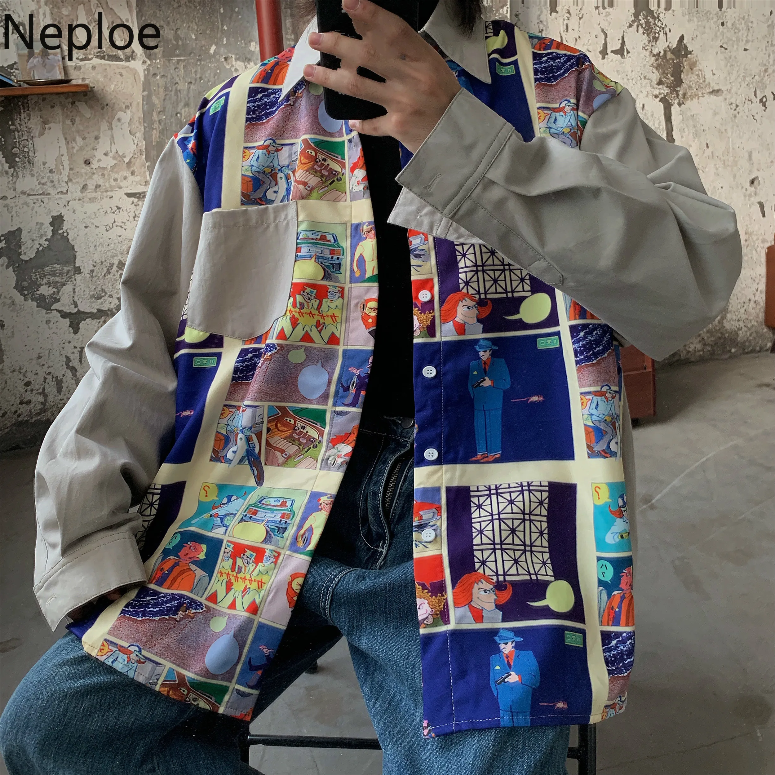 Neploe BF стильная женская и мужская негабаритная блуза рубашка винтажная блуза с мультяшным принтом Осенние Топы с длинным рукавом контрастных цветов 56504