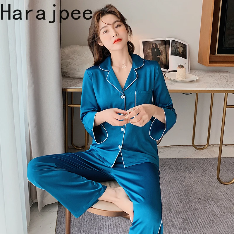 

Harajpee Ice Silk Pajamas Women's Spring and Autumn Long Sleeve Net Red Ins Style Two-piece Set Thin Home Clothes Set 2021 New