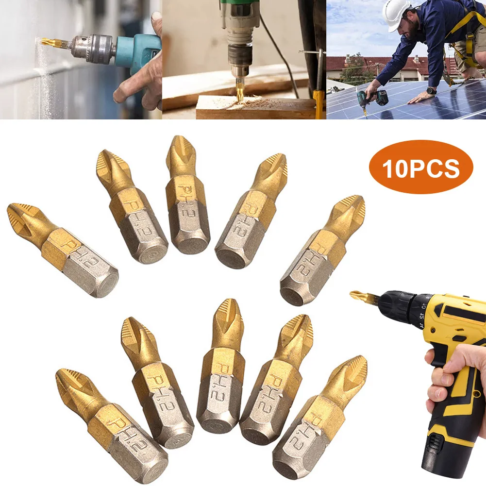 

10pcs/set 25mm Screwdriver Bits 1/4 Inch Titanium Coated Anti Slip Phillips Hex Shank PH2 Electric Screw Driver Bit Hand Tools